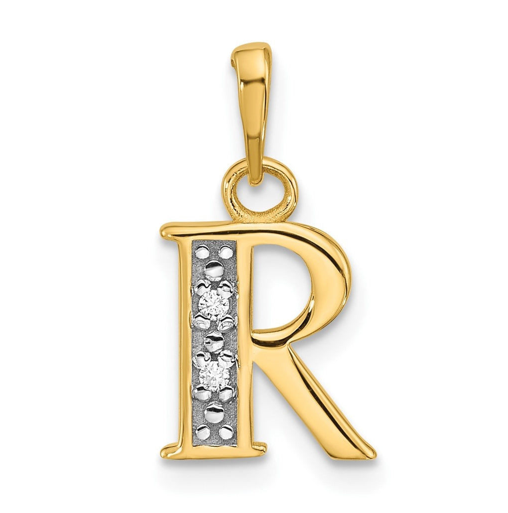 14k Yellow Gold and Rhodium Diamond Letter R Initial Pendant