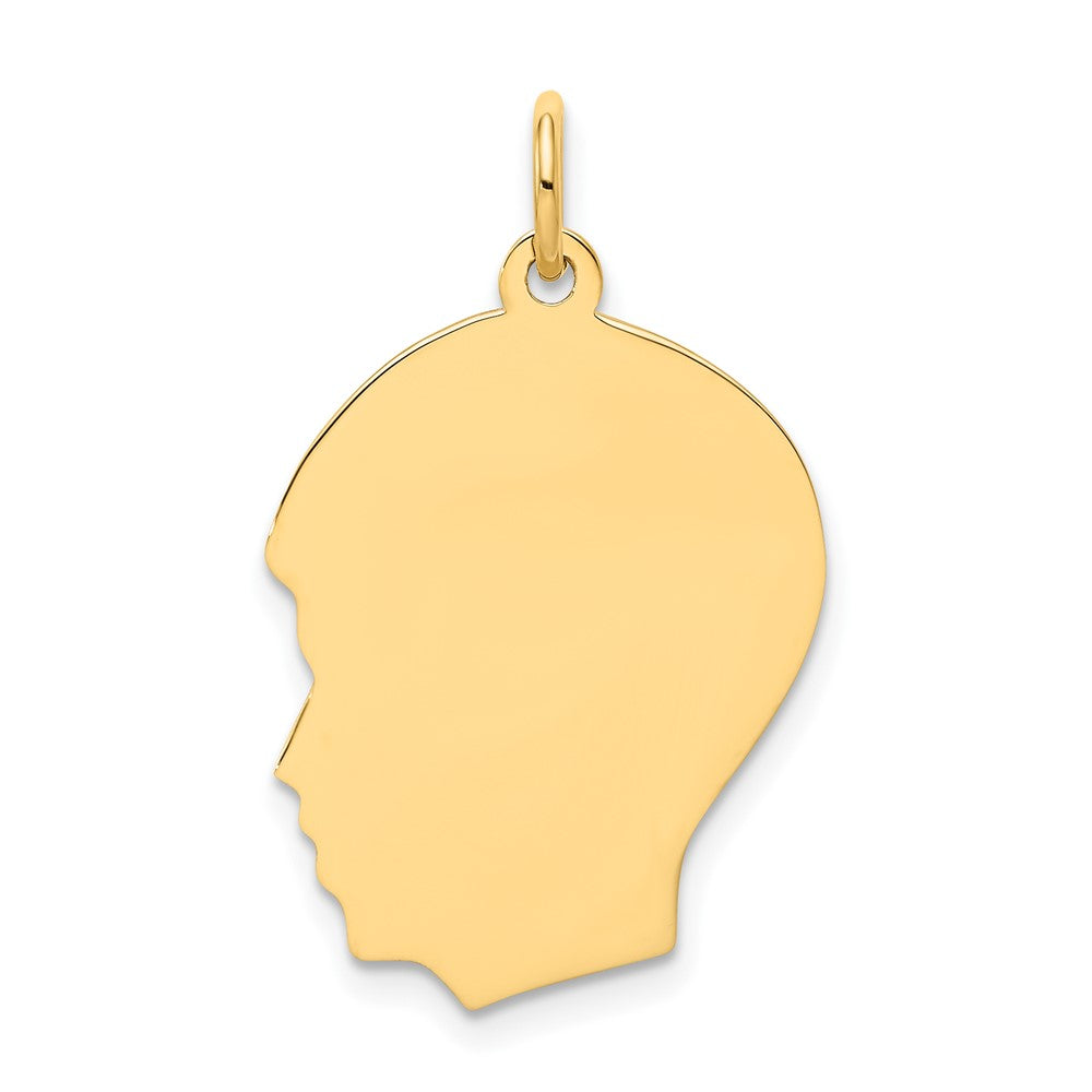 10K Yellow Gold Plain Medium .018 Gauge Facing Left Boy HeadEngravable Charm Pendant Jewelry Gifts (Length 1.05" Width 0.66")