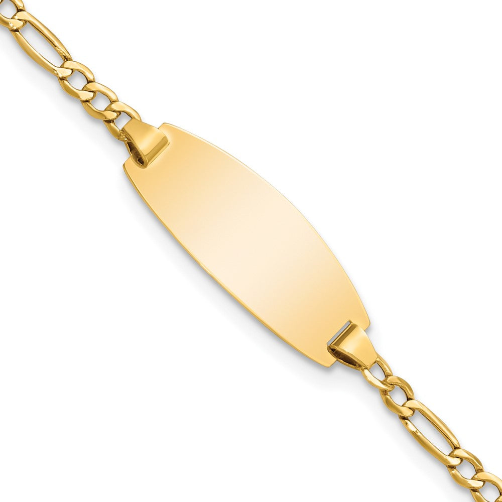 Engravable 14K Yellow Gold Oval Figaro ID Bracelet Length 5.5 inches Width 8.5 mm With Lobster Claw Clasp