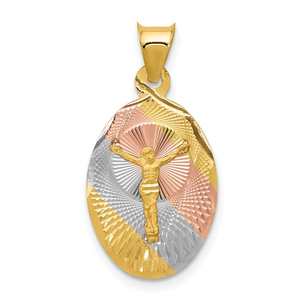 Solid 14k Yellow Gold with Rose and White Diamond Cut Corpus Oval Customize Personalize Engravable Charm Pendant Jewelry Gifts For Women or Men (Length 0.99" Width 0.51")