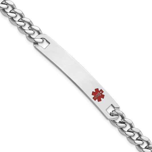 Polished Engravable Stainless Steel Red Epoxy Medical ID Bracelet Length 7.25 inches Width 7 mm With Fold Over Clasp