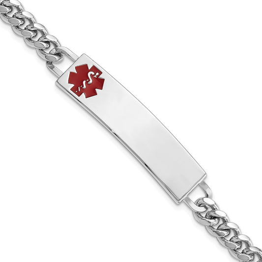 Polished Engravable Stainless Steel Red Epoxy Medical ID Bracelet Length 8.25 inches Width 10 mm With Lobster Claw Clasp