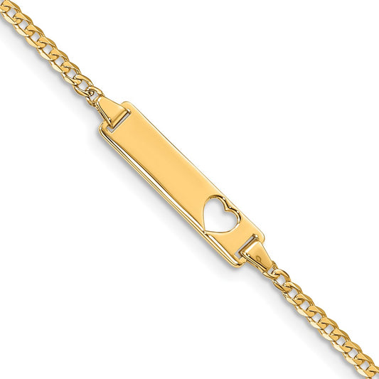 Polished Engravable 14K Yellow Gold Cut out Heart Curb Link ID Bracelet Length 7 inches Width 5 mm With Lobster Claw Clasp