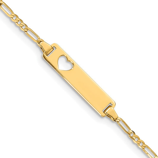 Polished Engravable 14K Yellow Gold Cut out Heart Figaro Link ID Bracelet Length 7 inches Width 5 mm With Lobster Claw Clasp