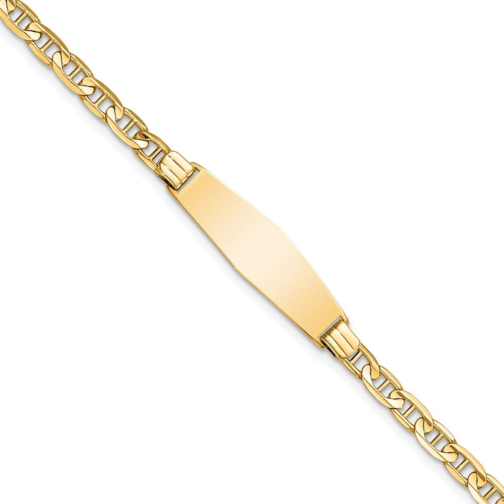 Engravable 14K Yellow Gold Soft Diamond Shape Anchor Link ID Bracelet Length 7 inches Width 7.5 mm With Lobster Claw Clasp