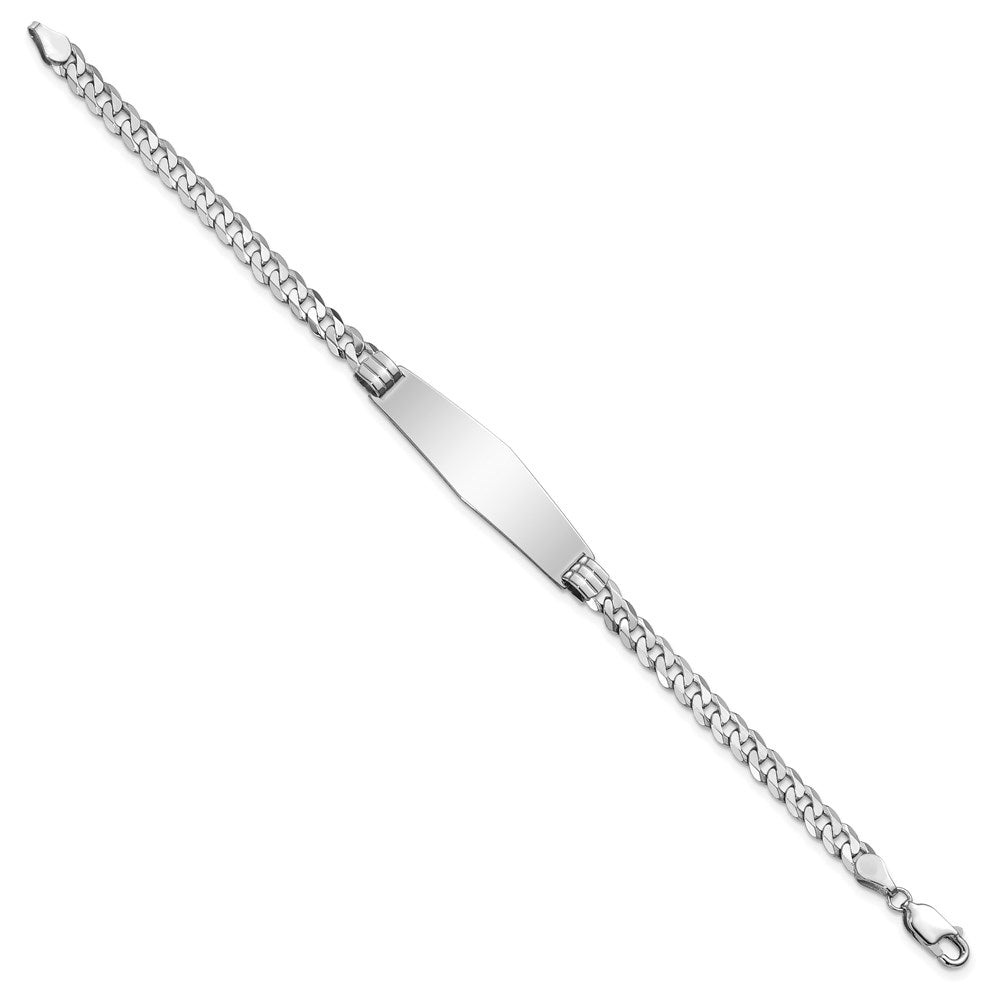 Engravable 14K White Gold Flat Curb Link Soft Diamond Shape ID Bracelet Length 7 inches Width 10 mm With Lobster Claw Clasp