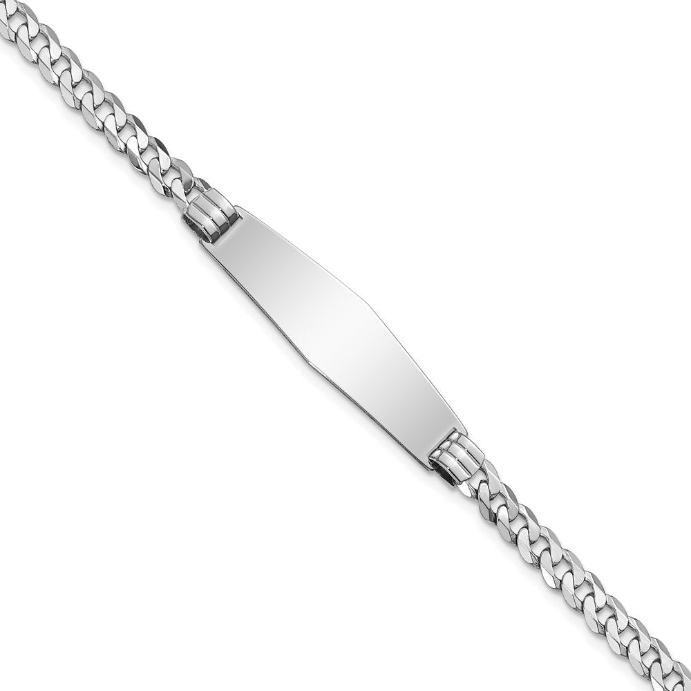 Engravable 14K White Gold Flat Curb Link Soft Diamond Shape ID Bracelet Length 7 inches Width 10 mm With Lobster Claw Clasp