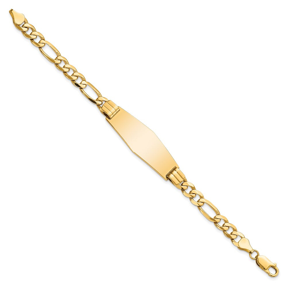 Engravable 14K Yellow Gold Flat Figaro Link Soft Diamond Shape ID Bracelet Length 8 inches Width 13.5 mm With Lobster Claw Clasp