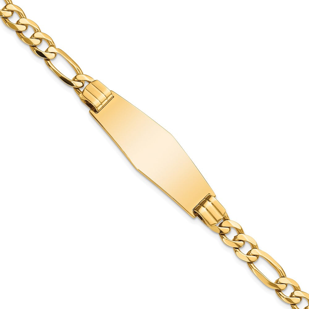 Engravable 14K Yellow Gold Flat Figaro Link Soft Diamond Shape ID Bracelet Length 8 inches Width 13.5 mm With Lobster Claw Clasp