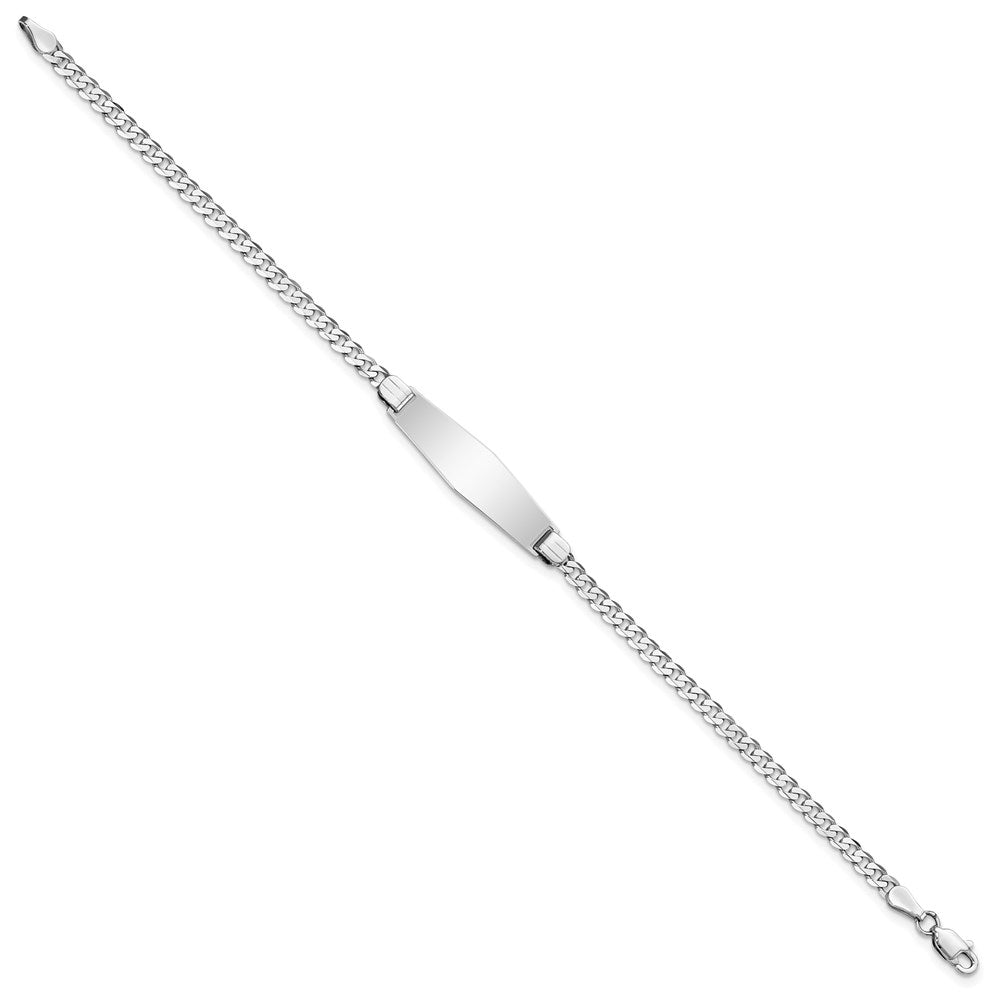 Engravable 14K White Gold Flat Curb Link Soft Diamond Shape ID Bracelet Length 7 inches Width 7.5 mm With Lobster Claw Clasp