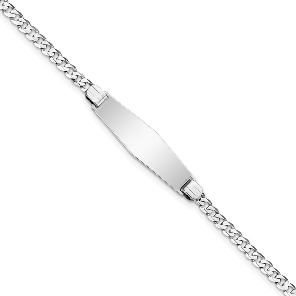 Engravable 14K White Gold Flat Curb Link Soft Diamond Shape ID Bracelet Length 7 inches Width 7.5 mm With Lobster Claw Clasp