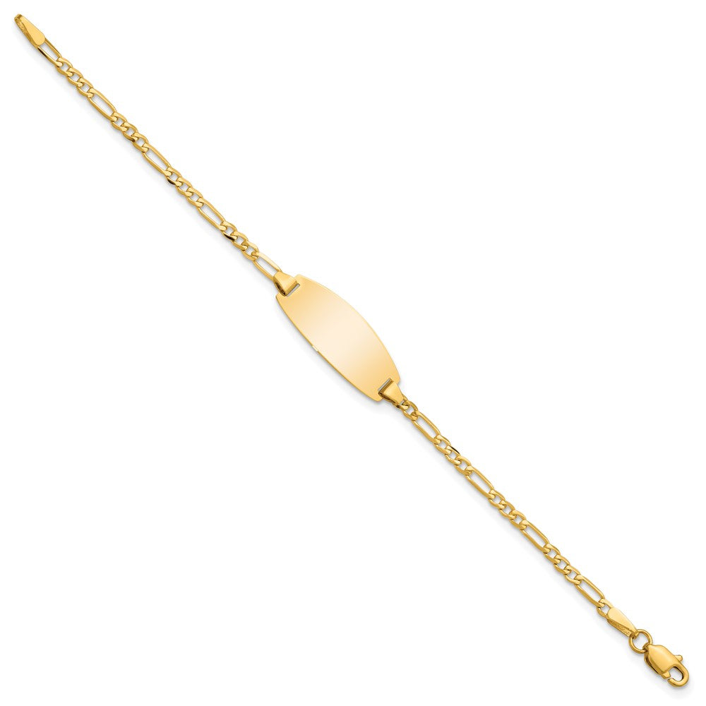 Engravable 14K Yellow Gold Oval Figaro ID Bracelet Length 5.5 inches Width 7.5 mm With Lobster Claw Clasp