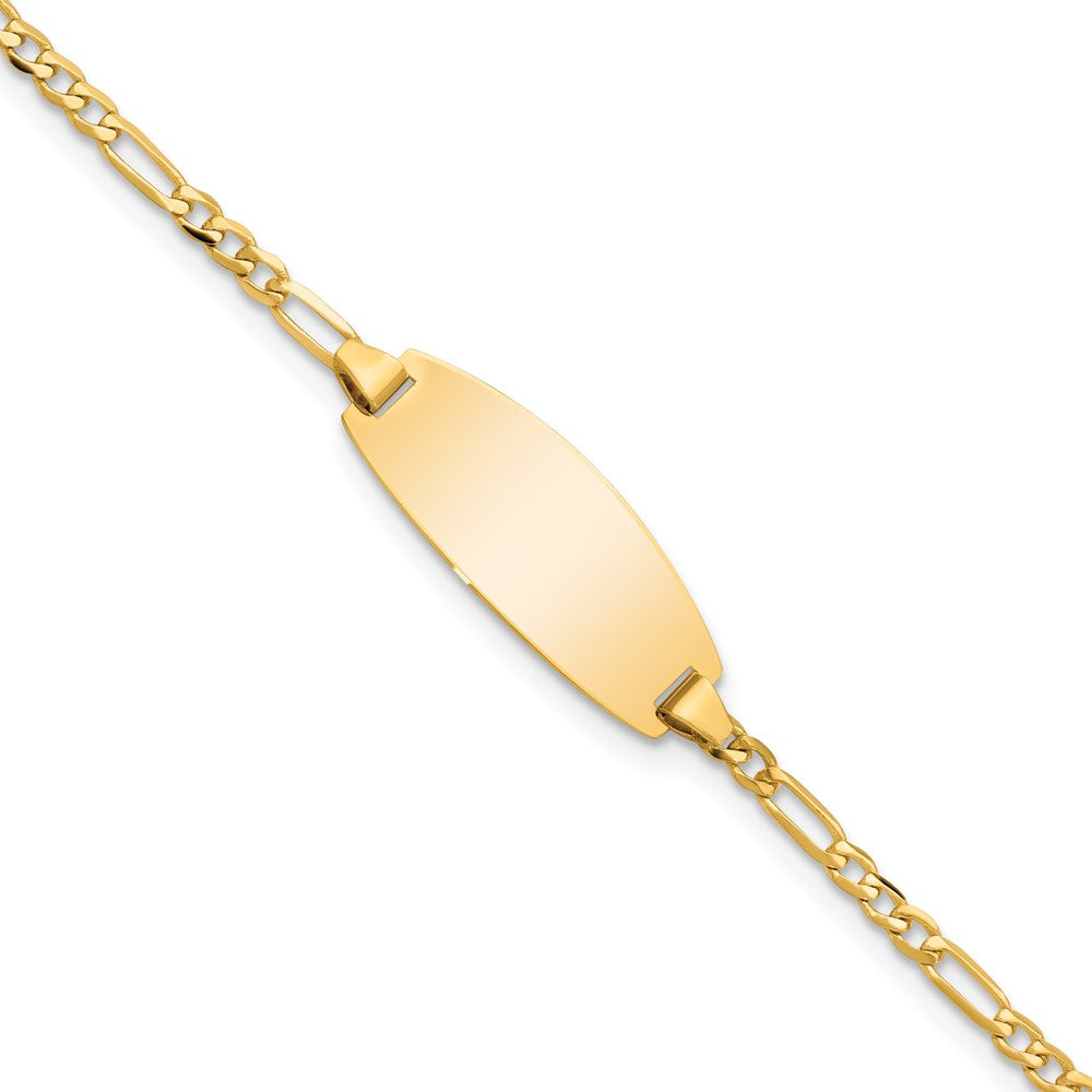 Engravable 14K Yellow Gold Oval Figaro ID Bracelet Length 5.5 inches Width 7.5 mm With Lobster Claw Clasp