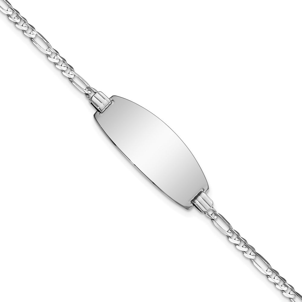 Engravable 14K White Gold Oval Figaro ID Bracelet Length 7 inches Width 10.5 mm With Lobster Claw Clasp