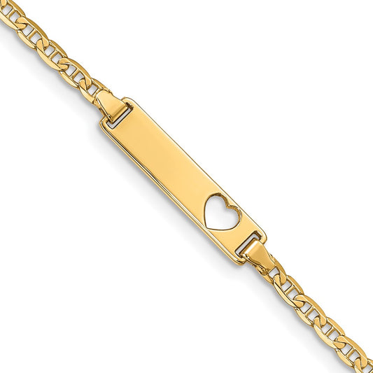 Polished Engravable 14K Yellow Gold Cut out Heart Anchor Link ID Bracelet Length 7 inches Width 5 mm With Lobster Claw Clasp