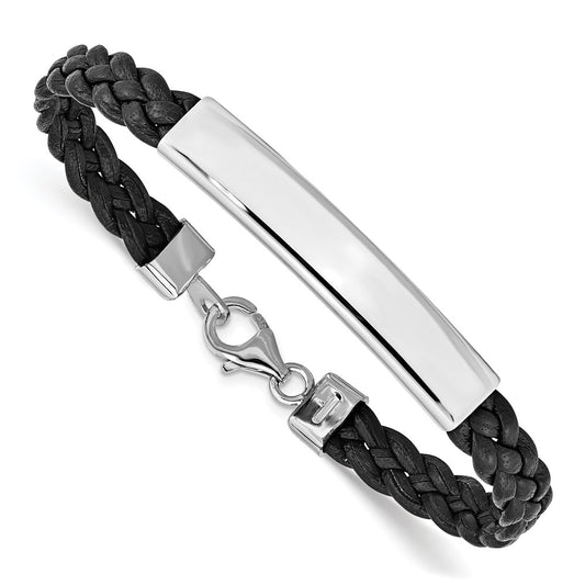 Polished Engravable 925 Sterling Silver Black Braided Leather Bracelet Length 7 inches Width 5 mm With Lobster Claw Clasp