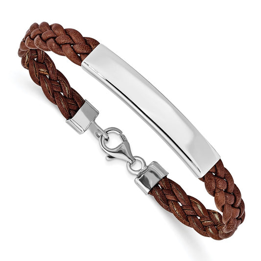 Polished Engravable 925 Sterling Silver Brown Braided Leather Bracelet Length 7 inches Width 5 mm With Lobster Claw Clasp