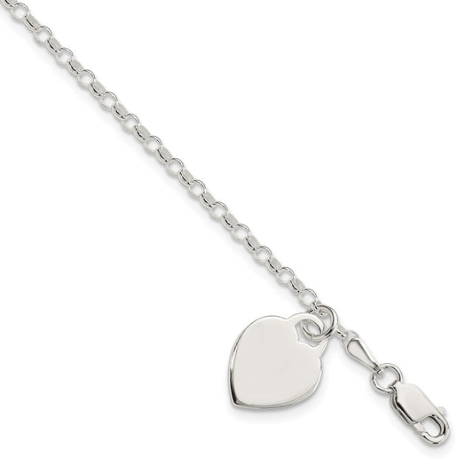 Polished Engravable 925 Sterling Silver Heart Charm Bracelet Length 7.25 inches Width 12 mm With Lobster Claw Clasp