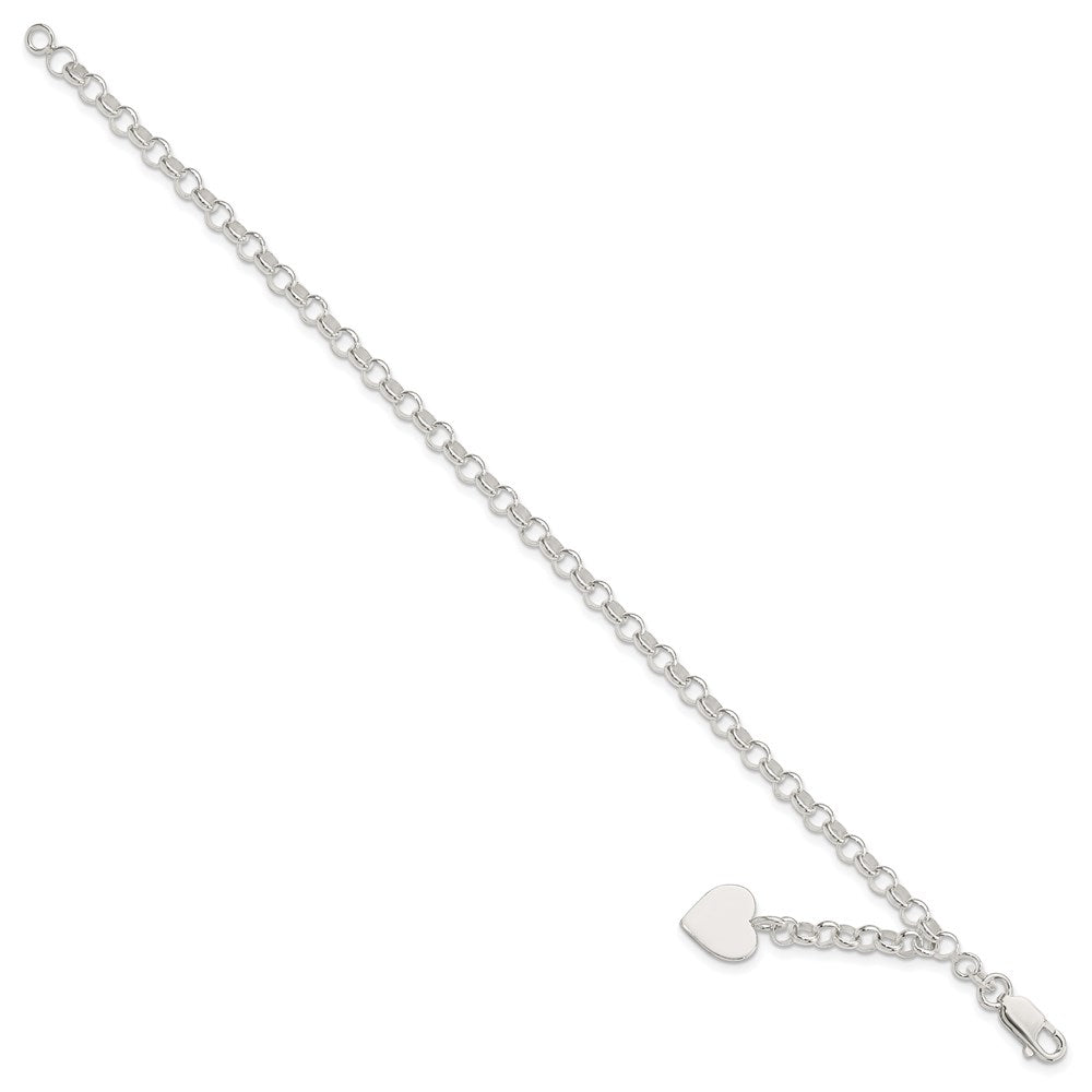 Engravable 925 Sterling Silver Heart Charm Rolo Bracelet Length 7.5 inches Width 11 mm With Lobster Claw Clasp