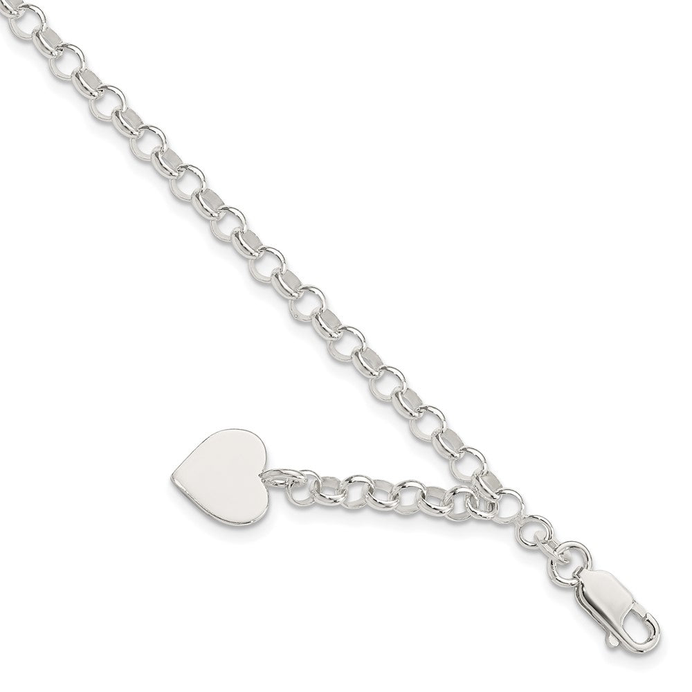 Engravable 925 Sterling Silver Heart Charm Rolo Bracelet Length 7.5 inches Width 11 mm With Lobster Claw Clasp