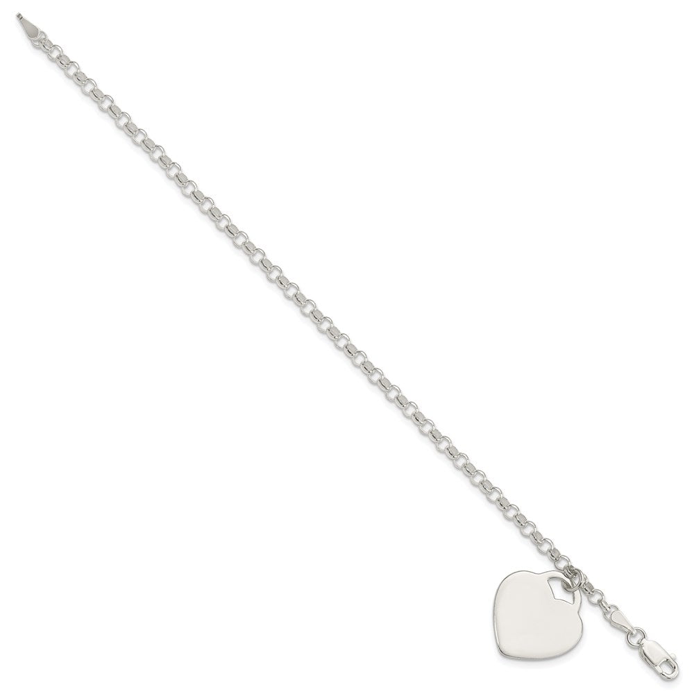 Polished Engravable 925 Sterling Silver Heart Charm Bracelet Length 7.25 inches Width 17 mm With Lobster Claw Clasp