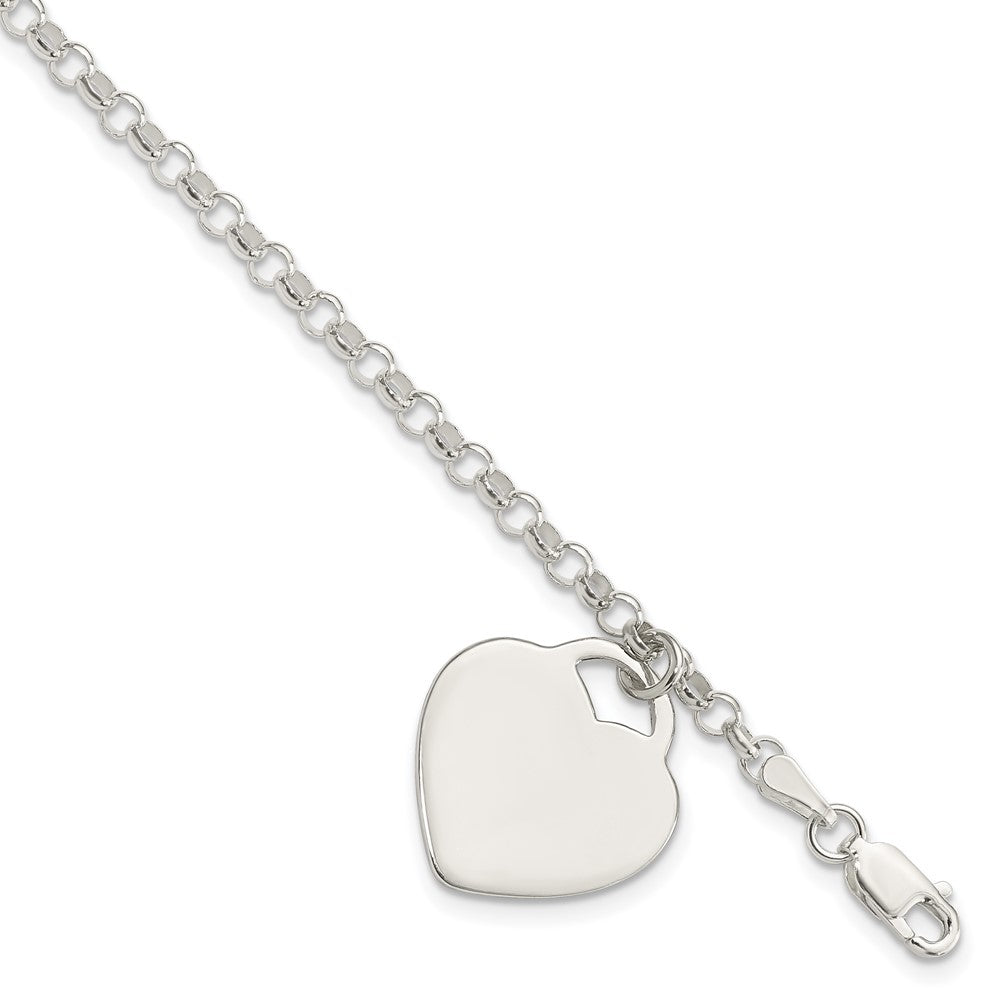 Polished Engravable 925 Sterling Silver Heart Charm Bracelet Length 7.25 inches Width 17 mm With Lobster Claw Clasp