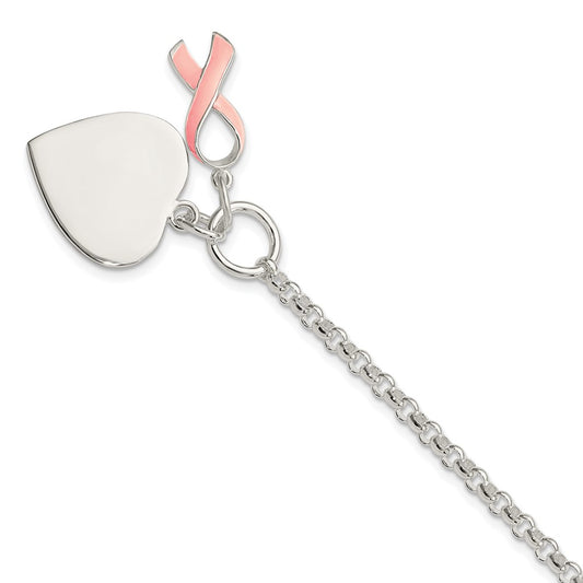 Polished Engravable 925 Sterling Silver Fancy Heart with Pink Ribbon Bracelet Length 7.5 inches Width 20 mm With Hidden Safety Clasp