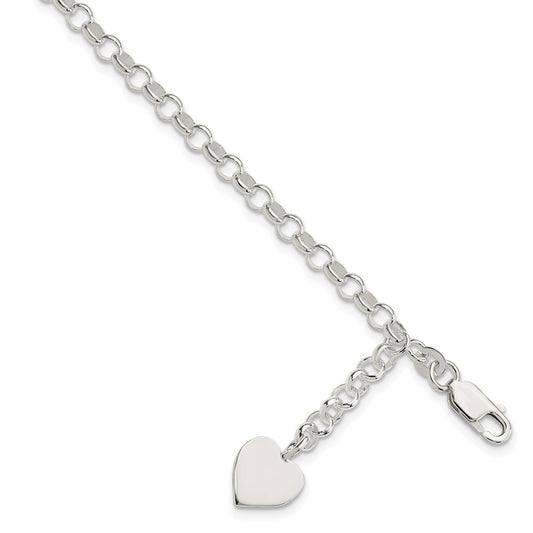 Polished Engravable 925 Sterling Silver Heart Dangle Bracelet Length 7.5 inches Width 10 mm With Lobster Claw Clasp