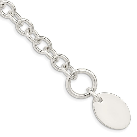 Polished Engravable 925 Sterling Silver Oval Disc on Fancy Link Bracelet Length 7.5 inches Width 17 mm With Hidden Safety Clasp