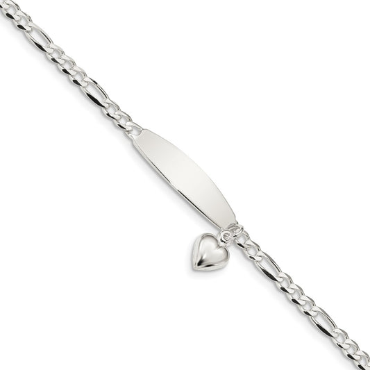 Engravable 925 Sterling Silver Polished Figaro ID Heart Dangle Bracelet Length 7.5 inches Width 4 mm With Lobster Claw Clasp