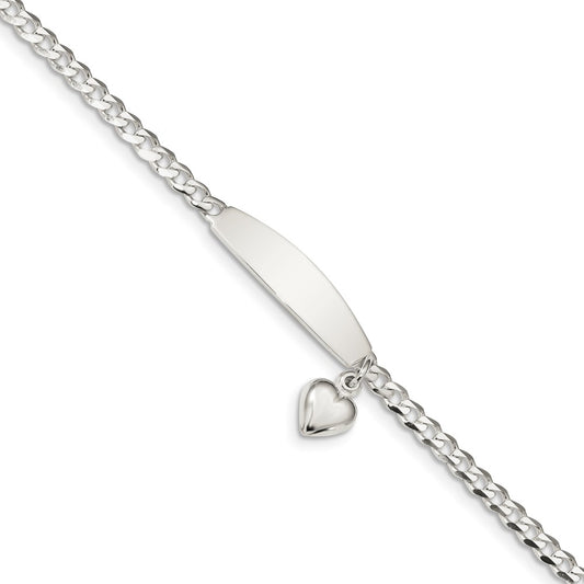 Engravable 925 Sterling Silver Polished Curb Link ID Heart Dangle Bracelet Length 7.5 inches Width 3.5 mm With Lobster Claw Clasp