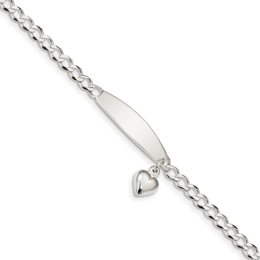 Engravable 925 Sterling Silver Polished Curb Link ID Heart Dangle Bracelet Length 7.5 inches Width 4 mm With Lobster Claw Clasp