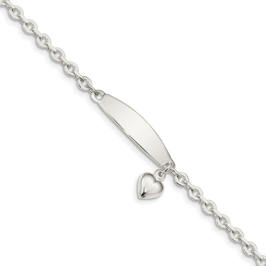 Engravable 925 Sterling Silver Polished Rolo Link ID Heart Dangle Bracelet Length 7.5 inches Width 4 mm With Lobster Claw Clasp