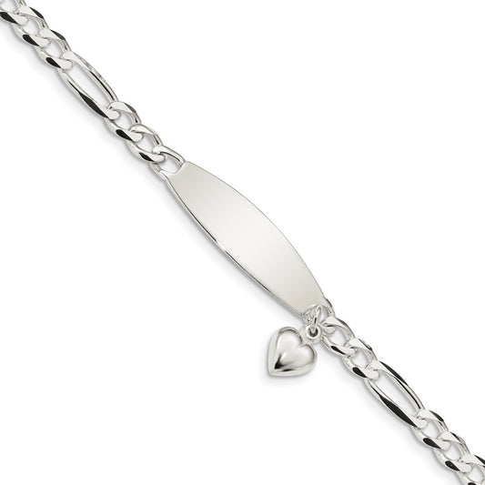 Engravable 925 Sterling Silver Polished Figaro ID Heart Dangle Bracelet Length 7.5 inches Width 5.25 mm With Lobster Claw Clasp