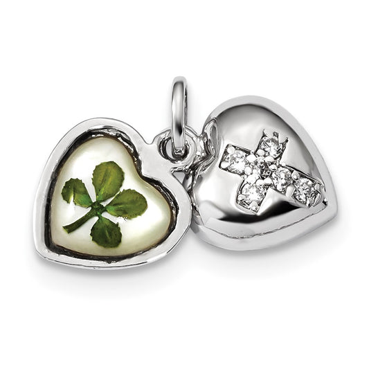 925 Sterling Silver Platinum Plate Leaf Clover Epoxy Shell CZ HeartEngravable Charm Pendant Jewelry Gifts (Length 0.71" Width 0.47")