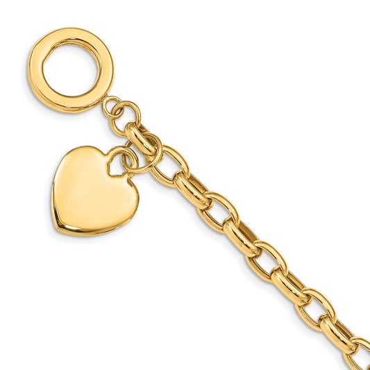 Polished Engravable 14K Yellow Gold Heart Charm Bracelet Length 7.5 inches Width 18 mm With Hidden Safety Clasp