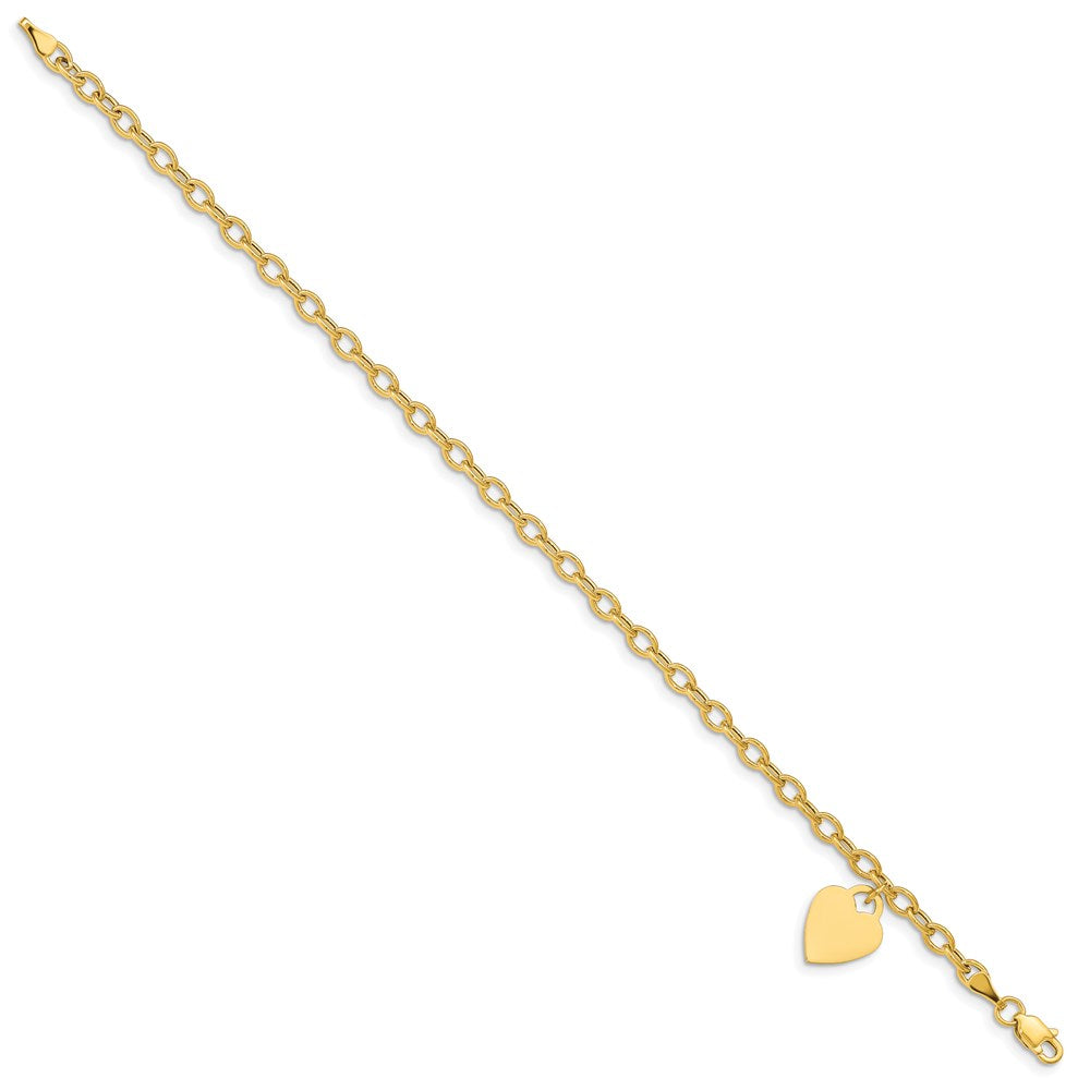 Polished Engravable 14K Yellow Gold Dangle Heart Bracelet Length 7.5 inches Width 10.5 mm With Lobster Claw Clasp