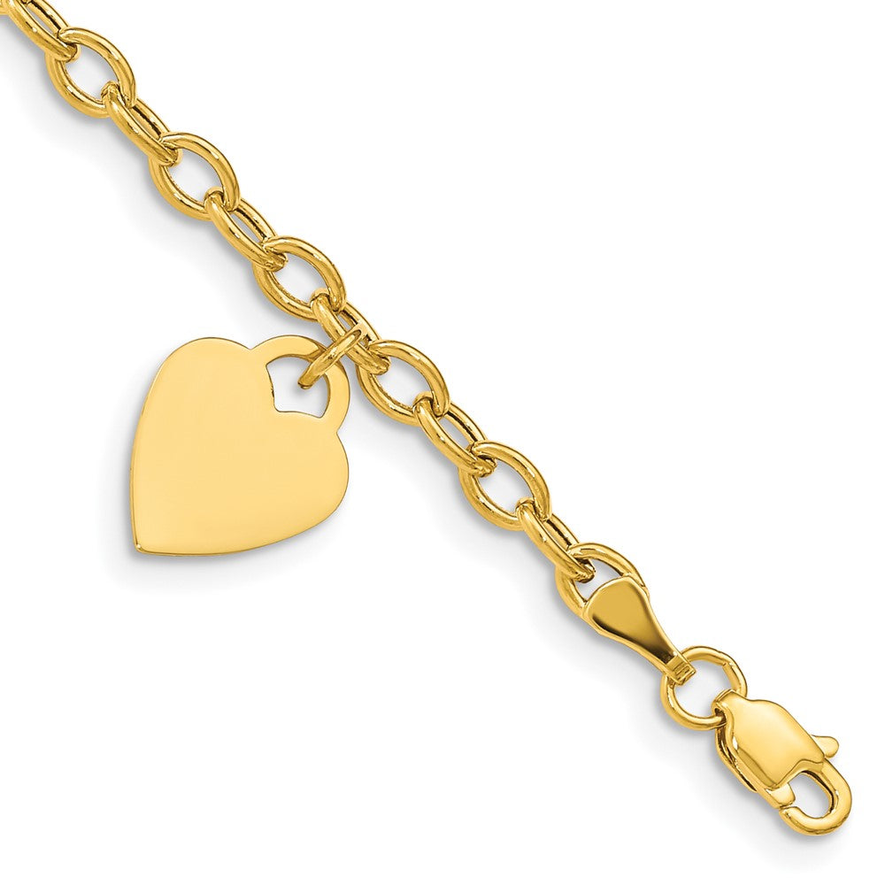 Polished Engravable 14K Yellow Gold Dangle Heart Bracelet Length 7.5 inches Width 10.5 mm With Lobster Claw Clasp