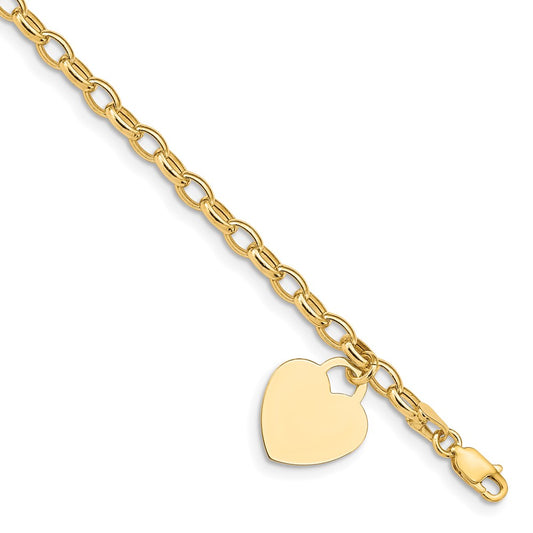 Polished Engravable 14K Yellow Gold Heart Charm Bracelet Length 7.5 inches Width 15 mm With Lobster Claw Clasp