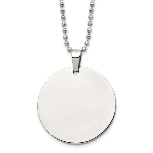 Stainless Steel Brushed and Polished Reversible Round 2mm Dog Tag on a 24 inch Ball Chain Necklace Engravable Charm Pendant Jewelry Gifts (Length 24" Width 1.48")