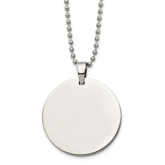 Stainless Steel Brushed and Polished Reversible Round 4mm Dog Tag on a 24 inch Ball Chain Necklace Engravable Charm Pendant Jewelry Gifts (Length 24" Width 1.48")