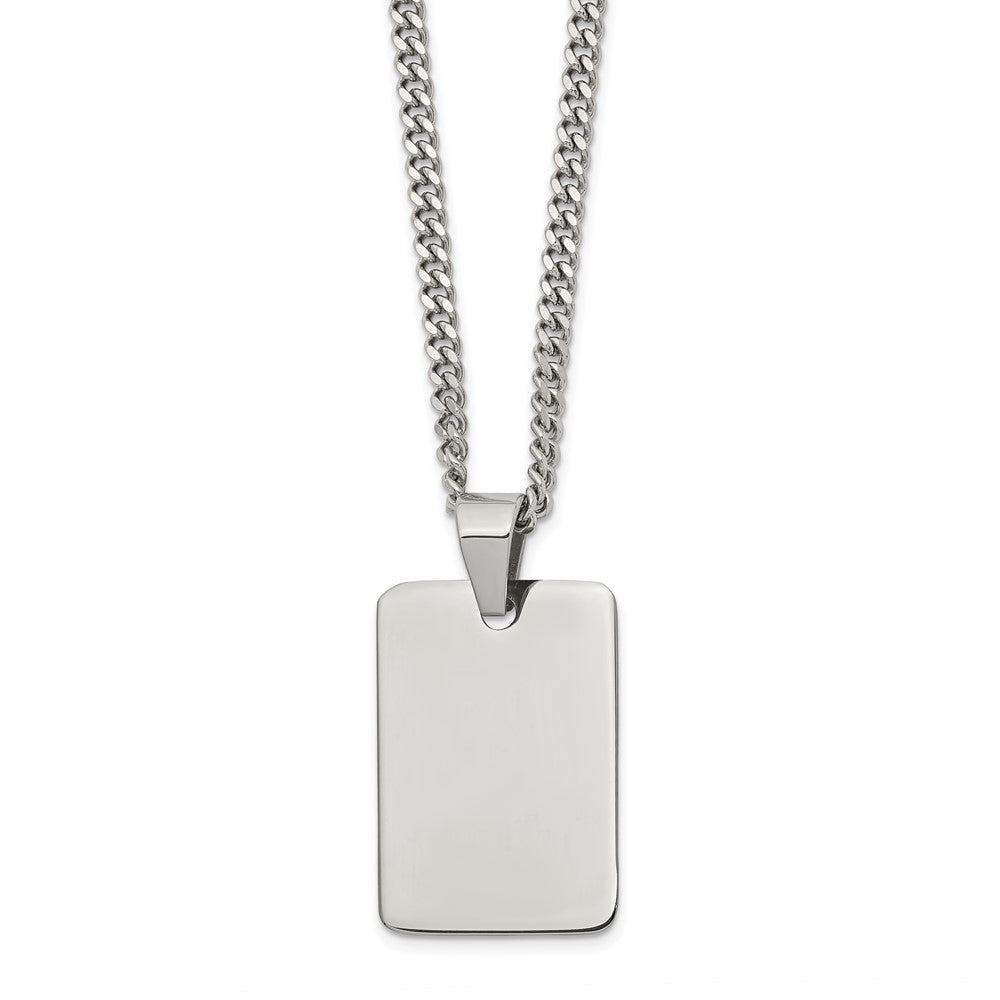 Stainless Steel Polished Rectangle Dog Tag on a 24 inch Curb Chain Necklace Engravable Charm Pendant Jewelry Gifts (Length 24" Width 0.74")