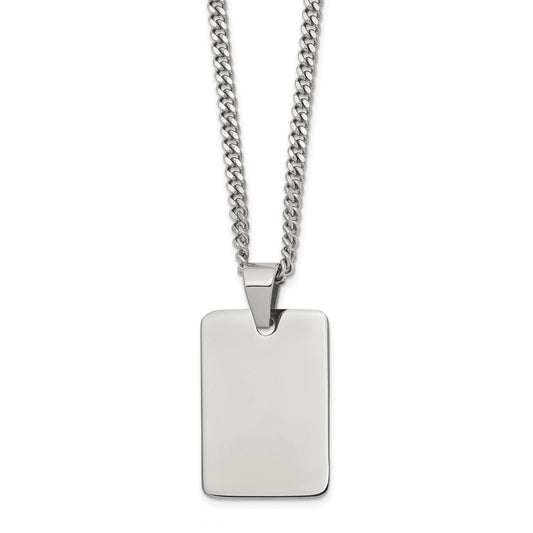 Stainless Steel Polished Rectangle Dog Tag on a 24 inch Curb Chain Necklace Engravable Charm Pendant Jewelry Gifts (Length 24" Width 0.74")