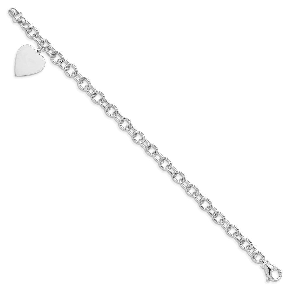 Polished Engravable 14K White Gold Link with Heart Charm Bracelet Length 7.5 inches Width 17.5 mm With Lobster Claw Clasp