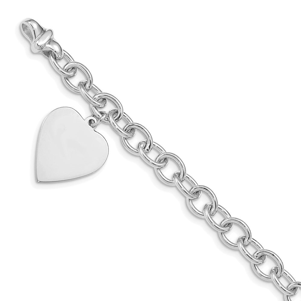 Polished Engravable 14K White Gold Link with Heart Charm Bracelet Length 7.5 inches Width 17.5 mm With Lobster Claw Clasp