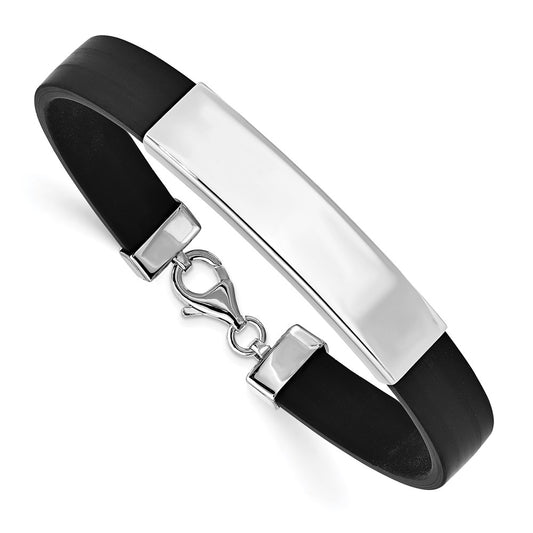 Polished Engravable 925 Sterling Silver ID Black Rubber Bracelet Length 8 inches Width 11 mm With Lobster Claw Clasp