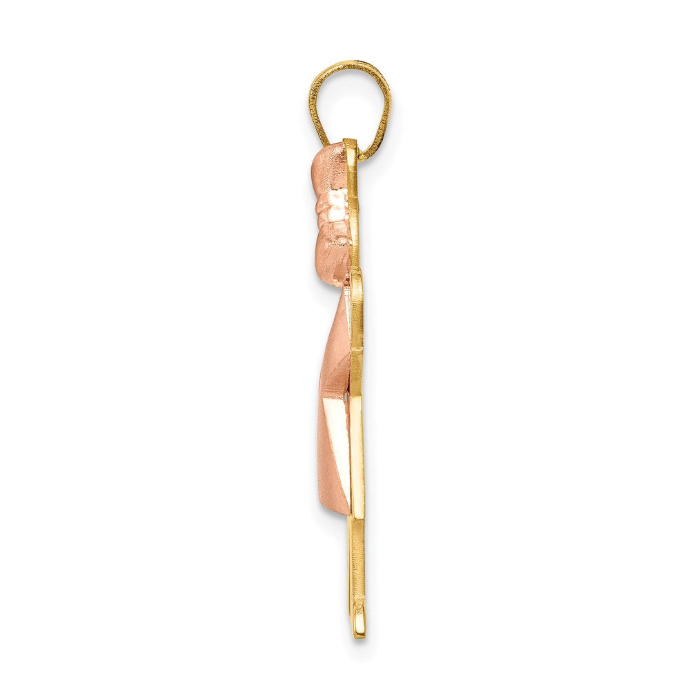 14K Two Tone Yellow and Rose Gold Puffed Girl with Bow on Right Engravable Charm Pendant Jewelry Gifts (Length 1.17" Width 0.78")