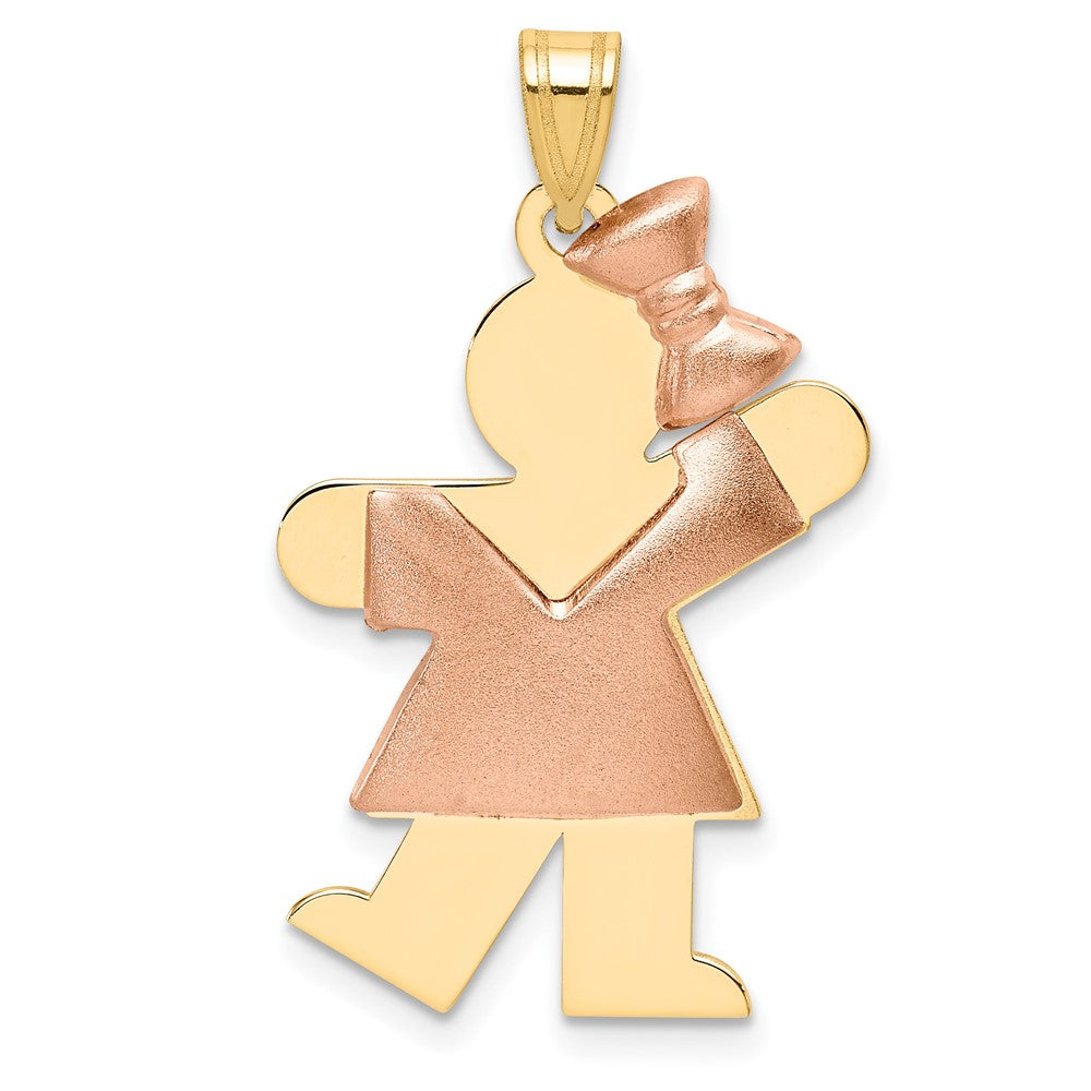 14K Two Tone Yellow and Rose Gold Puffed Girl with Bow on Right Engravable Charm Pendant Jewelry Gifts (Length 1.17" Width 0.78")