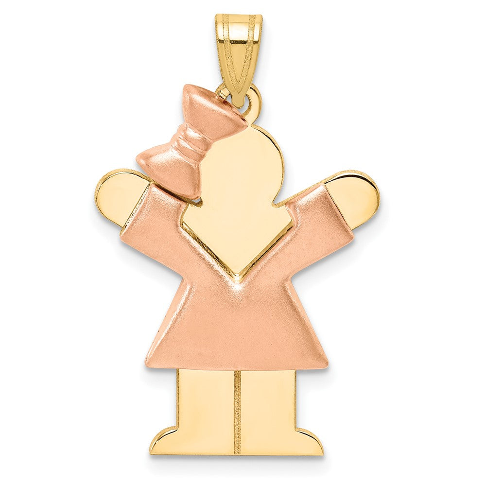 14K Two Tone Yellow and Rose Gold Puffed Girl with Bow on Left Engravable Charm Pendant Jewelry Gifts (Length 1.17" Width 0.78")