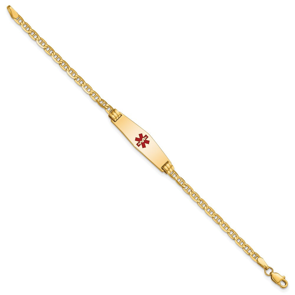 Engravable 14K Yellow Gold Medical Soft Diamond Shape Red Enamel Anchor Link Child ID Bracelet Length 6 inches Width 8.5 mm With Lobster Claw Clasp